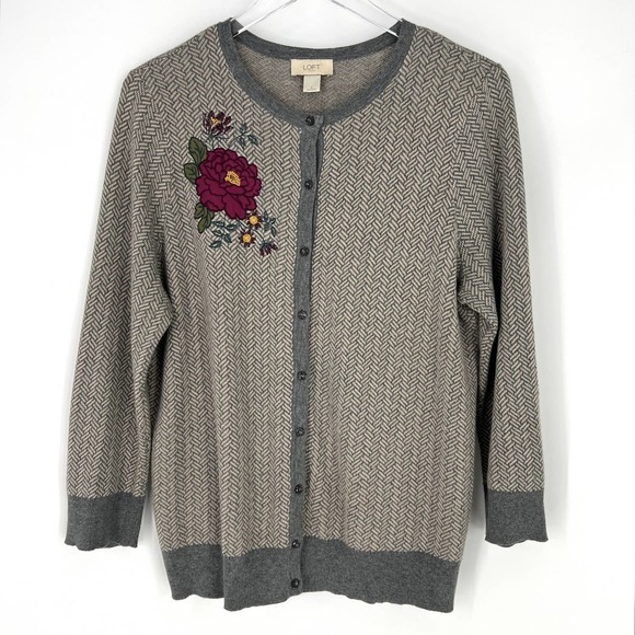 LOFT Sweaters - Loft Outlet Herringbone Cardigan with Floral Embroidery Size Large